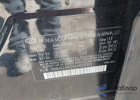 2019 Hyundai Santa Fe Se from USA, damaged, VIN 5NMS23AD3KH023331